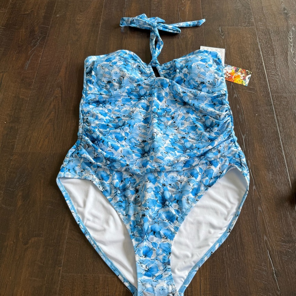 Robert Graham Swimsuit Women's 14 Blue‎ Floral One Piece Halter Ruched Lined NWT